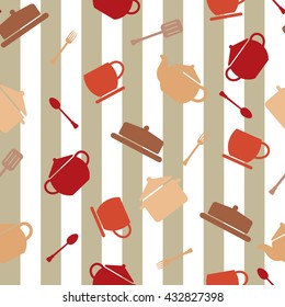 Seamless kitchen background with crockery. Endless vector pattern with kettle, pot, spoon, fork, sugar bowl, cup and scapula. Good for tablecloths, potholder and apron