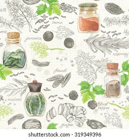 Seamless Kitchen Background Of Hand-drawn And Watercolor Spices And Herbs, Vector Illustration In Vintage Style.