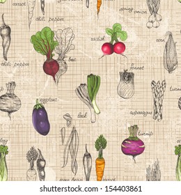 Seamless Kitchen Background Of Vegetables, Vector Illustration In Vintage Style.