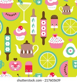 Seamless kitchen food party with cocktails cupcakes and fruit illustration background pattern in vector