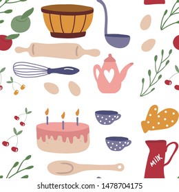 Seamless kitchen pattern. Cake, cooking utensils, ingredients. Good for kitchen textile.