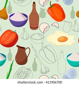 Seamless kitchen pattern with dishes, tomato,onion, garlic, flour, egg, paprika, bottle, pot.