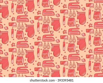 Seamless kitchen pattern. Enjoy cooking. Kitchen utensils collection on light beige background. Vector illustration.Retro style and colors.