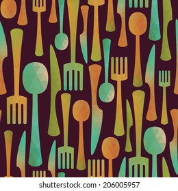 Seamless kitchen pattern. Multicolored cutlery icons made of triangles. Vector illustration 