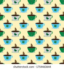 Seamless kitchen pattern with multicolored white blue green cups of hot drink of black strong tea or coffee on a pale yellow beige background, design of fabric, wrapping paper, packaging, wallpaper