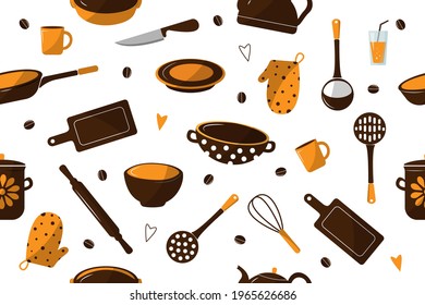 seamless kitchen pattern. Kitchen utensils background, kitchenware. kettle, cutting board, saucepan, spatula, colander, glass, frying pan,. vector illustration