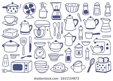 Seamless kitchenware pattern with hand drawn cooking tools and appliances. Design elements isolated on a white background. Vector illustration of various kitchen utensils.