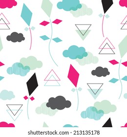 Seamless kite and clouds in the sky geometric abstract background pattern in vector