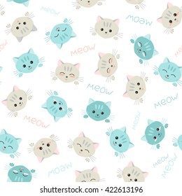 Seamless kitten background. Japanese manga style. Illustration with cute cats. Kawaii joyful pets. Kitten background. Endless texture. Animal pattern. White background.