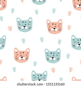 Seamless kitten pattern. Vector illustration for printing on fabric, postcard, wrapping paper, book, picture, Wallpaper. Cute baby background. 