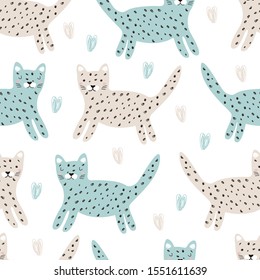 Seamless kitten pattern. Vector illustration for printing on fabric, postcard, wrapping paper, book, picture, Wallpaper. Cute baby background.