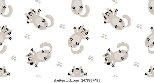 Seamless Kitty Cat Pattern. hand drawn vector illustration. doodle wallpaper children's cartoon background.