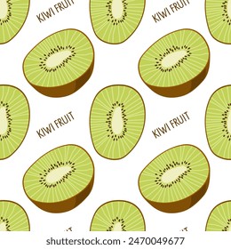 Seamless Kiwi fruit pattern on white background. Slice fruit and cut into half. Farmer Market. Organic tropical food eco template for wallpaper, textile, wrapping, scrapbooking. Repeated background.