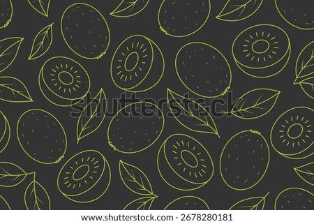 Seamless Kiwi Fruit Pattern with Outline Leaves on Dark Background, Fresh Summer Tropical Vector Design