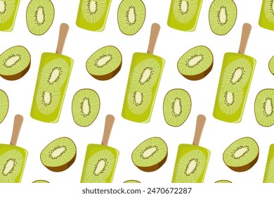 Seamless Kiwi icecream and kiwi fruit pattern. Slice fruit and popsicle. Dessert food. Organic tropical food eco template for wallpaper, textile, wrapping, scrapbooking. Repeated background.