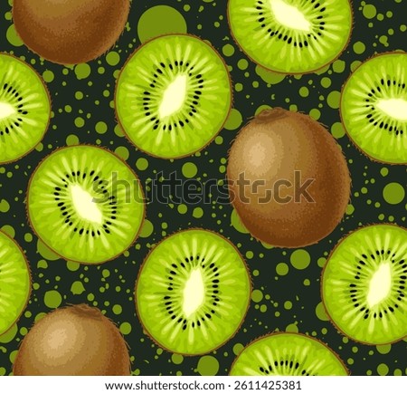 Seamless kiwi pattern. Cut kiwi on black background. Design is great for wallpaper, fabric, labels, packaging.