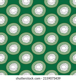 Seamless kiwi pattern on green background. Cute vector background. Bright summer fruits illustration.