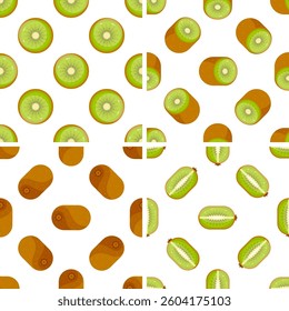Seamless kiwi pattern showing whole, sliced and halved kiwis on white background