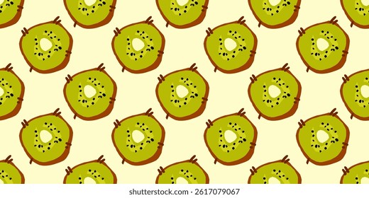 Seamless Kiwi Pattern.Bright and fun vector design with stylized kiwi slices, perfect for packaging, textiles, kitchen decor, and summer-themed projects.