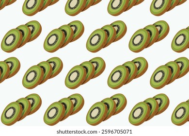 Seamless kiwi slice pattern with fresh green kiwis on a light background. Ideal for packaging, fabric, wallpaper, digital designs, and food-related projects.
