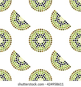 Seamless Kiwi slices dotted pattern. Mosaic of fruit silhouette. Summer motif. Abstract colorful background. Vector illustration. 