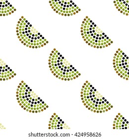 Seamless Kiwi slices dotted pattern. Mosaic of fruit silhouette. Summer motif. Abstract colorful background. Vector illustration. 