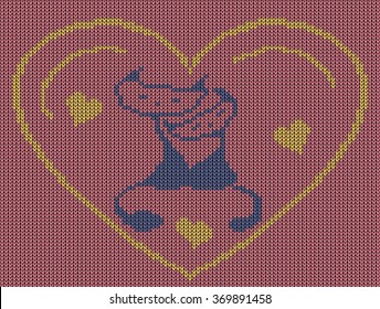 Seamless knit background - heart with kittens.  Jacquard pattern. Vector illustration.  