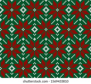 Seamless Knit Green, Red And White Pattern. Christmas Scandinavian Fail Isle Backgroung