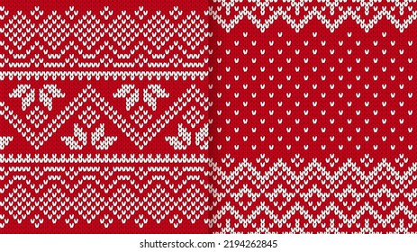 Seamless knit pattern. Christmas print. Set Red knitted sweater textures. Fair isle traditional geometric background. Holiday winter ornament. Festive crochet. Wool pullover frame. Vector illustration