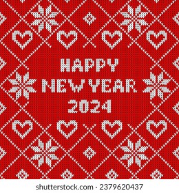 Seamless knit pattern Christmass 2024. Winter seamless pattern with Happy New Year text. Sweater design and red Christmas and new year ornament