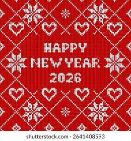 Seamless knit pattern Christmass 2026. Winter seamless pattern with Happy New Year text. Sweater design and red Christmas and new year ornament