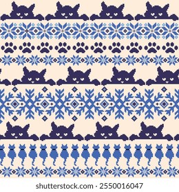 Seamless knit pattern with cute cats in the design,
