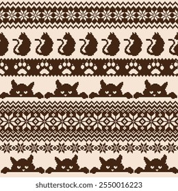 Seamless knit pattern with cute cats in the design,