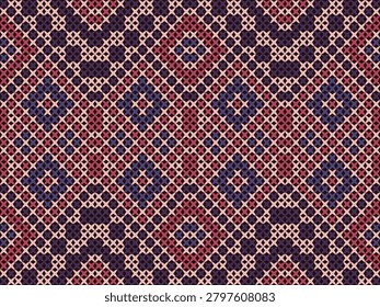 Seamless knit pattern with layered diamonds, floral-inspired medallions, and geometric blocks in burgundy, pink, and navy. Ideal for sweaters, scarves, blankets, upholstery, and textile design.