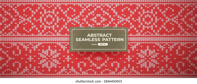 Seamless knit pattern. Red color. Vector illustration. Realistic knitted woolen cloth texture. Christmas sweater. New Year background. Winter Holiday. Flat style.
