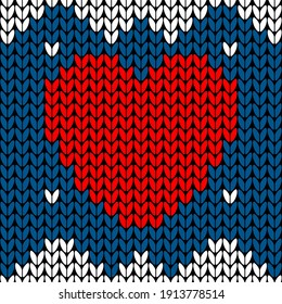 Seamless knit pattern with red heart. Knitted background. Vector illustration