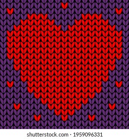 Seamless knit pattern with red heart. Knitted background. Vector illustration