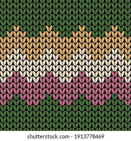 Seamless knit pattern with zigzag stripes. Green knitted background. Vector illustration