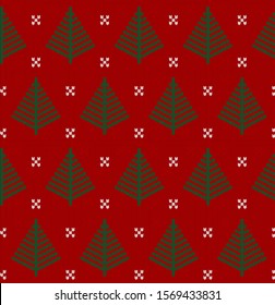 Seamless knit red pattern with fir tree. Christmas scandinavian fail isle backgroung