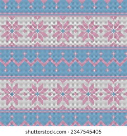 Seamless knit texture pattern. Winter vector illustration for Christmas, New Year, winter design. Xmas ugly sweater ornament. Fair isle pattern in blue and pink.