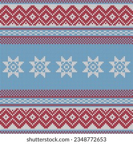 Seamless knit texture pattern. Winter vector illustration for Christmas, New Year, winter design. Xmas ugly sweater ornament. Fair isle pattern in light blue and red