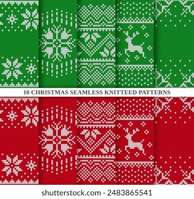 Seamless knitted 10 patterns collection. Holiday fair isle traditional ornament. Christmas sweater textures red and green. Set Xmas winter background. Knit prints. Wool pullover. Vector illustration