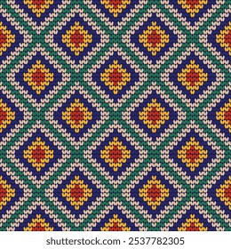 Seamless knitted background beautiful blue geometric squares