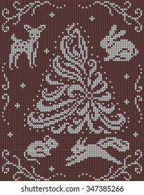 Seamless knitted background - christmas tree, rabbit, squirrel, mouse, deer. Jacquard pattern. Vector illustration  EPS8.
