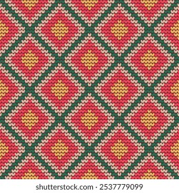 Seamless knitted background geometric squares bright red cloth texture