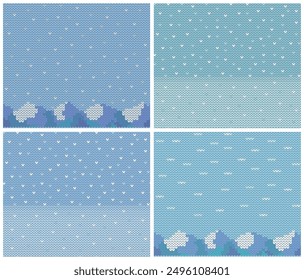 Seamless knitted background and pattern with mountain landscape, knitted texture with snowfall.