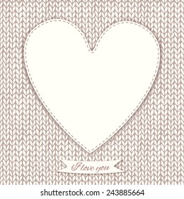 Seamless knitted background with stitched heart frame. Romantic valentine's day background. Vector illustration