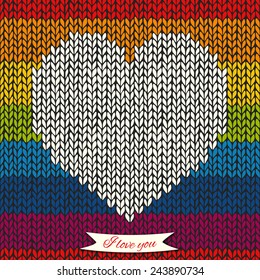 Seamless knitted background with stitched heart frame. Romantic valentine's day background. Vector illustration