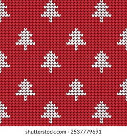 Seamless knitted background white pine tree On a red Christmas cloth background