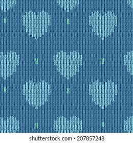 Seamless knitted Blue Pattern with hearts. Valentine's Day Background.
